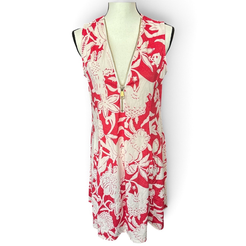 Shoreline Pink Floral Zip Neck Shift Dress Women Size S Sleeveless Jacquard